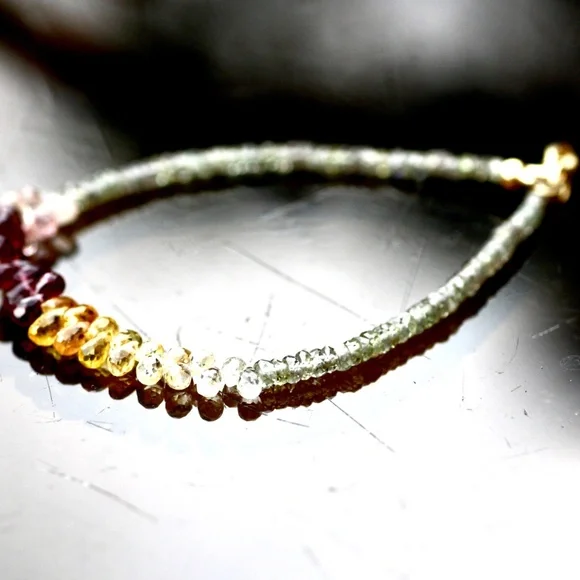 Natural Green , Plum and Yellow Sapphire Bracelet Handmade Solid 14K Yellow Gold - Picture 2 of 11